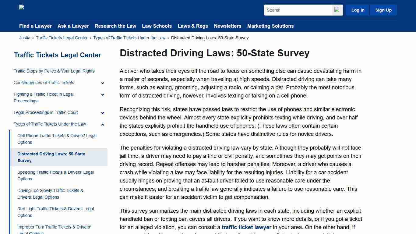 Distracted Driving Laws: 50-State Survey | Traffic Tickets Legal Center | Justia